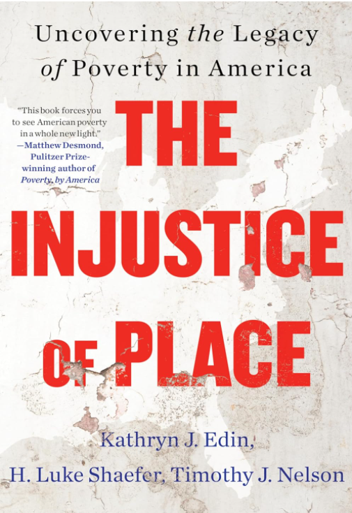 Cover of The Injustice of Place, large red lettering on a peeling painted white background